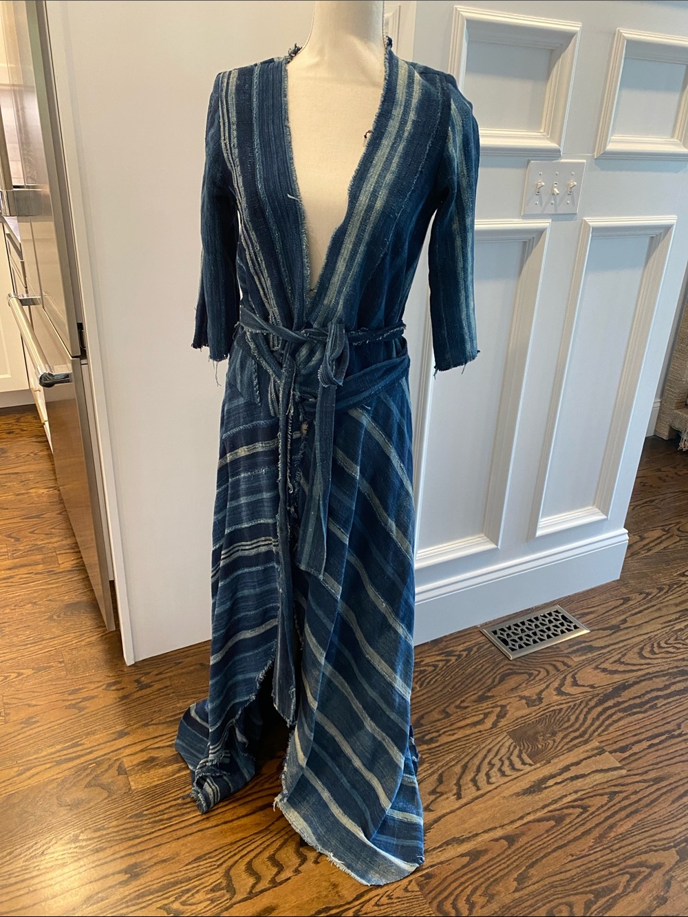 Antique Indigo Striped Wrap Maxi Dress with Self-Tie Belt